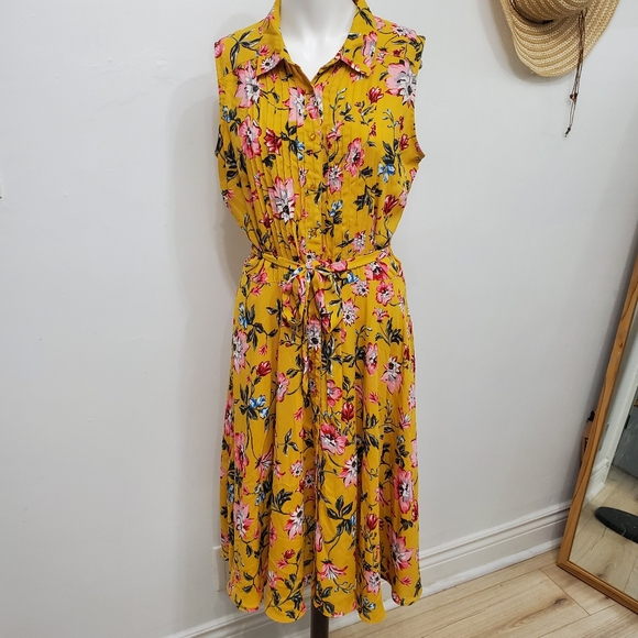 Nanette Lepore Midi Shirt Dress Yellow Floral Magnolia Pintuck Button Down Sz 10 - Picture 1 of 11
